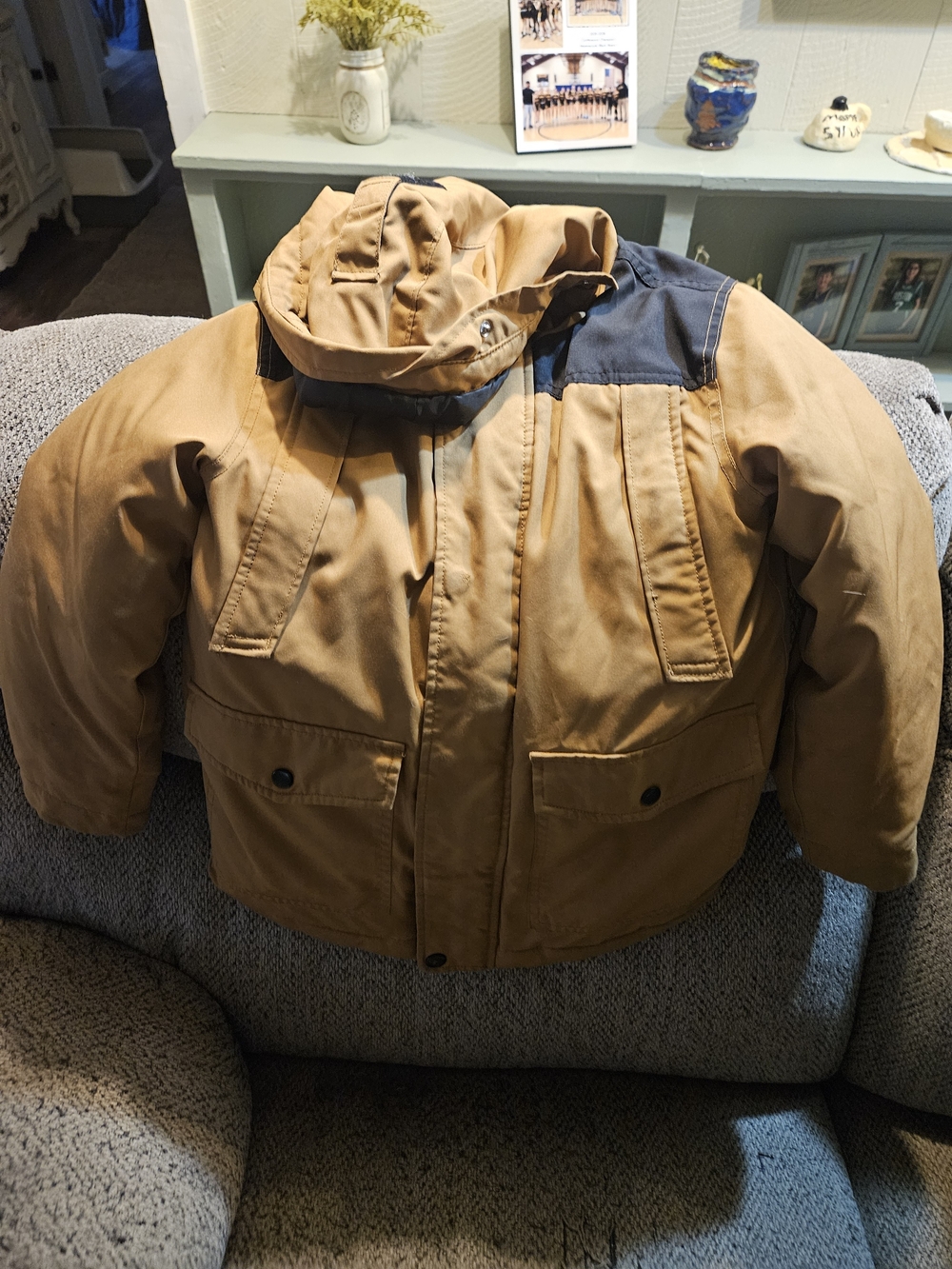 Kids Insulated Hooded Puffer Jacket in Tan with Dark Shoulder Panels